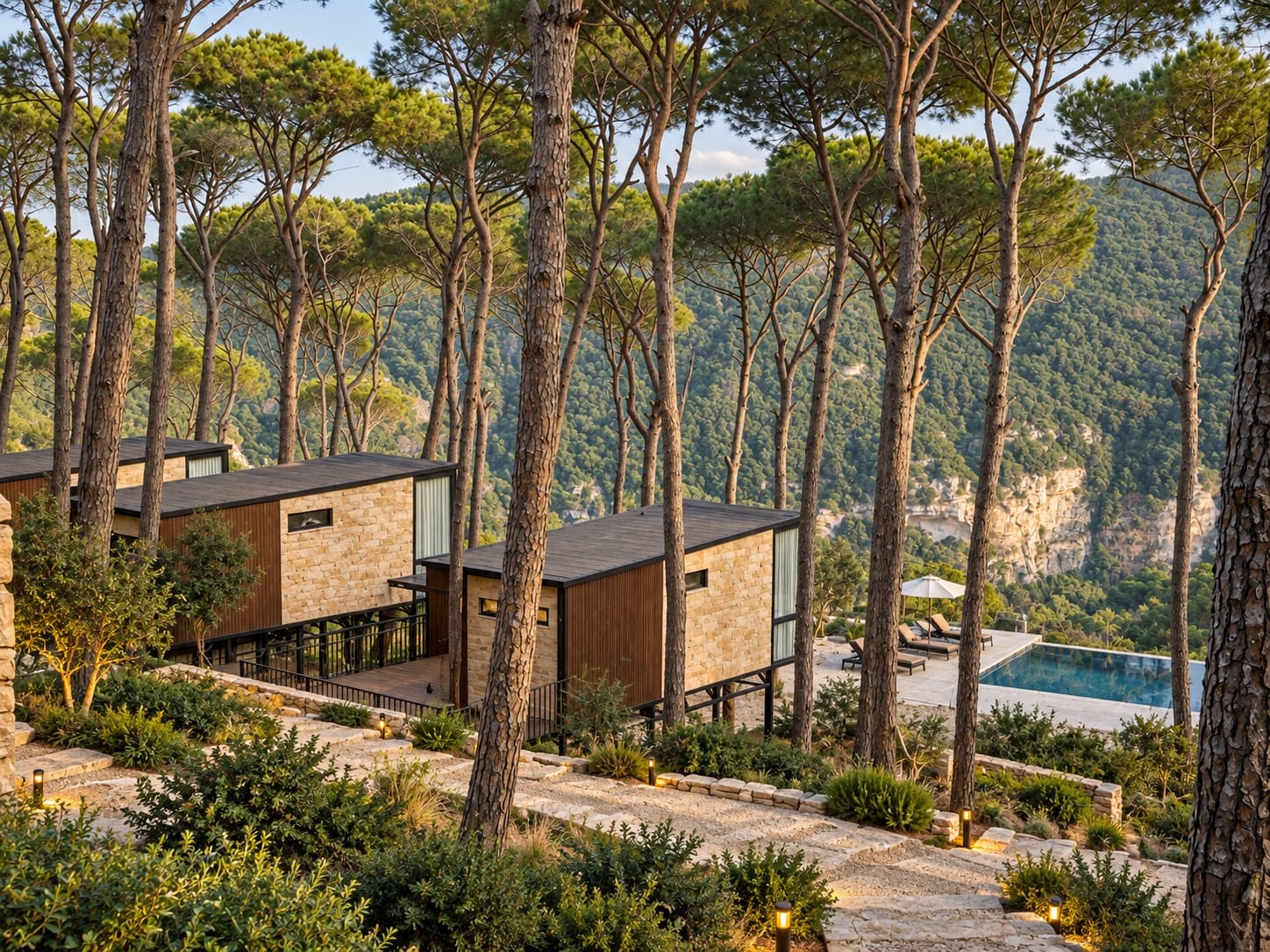 Bungalows stepping down the pine slope, with the pool and the valley beyond