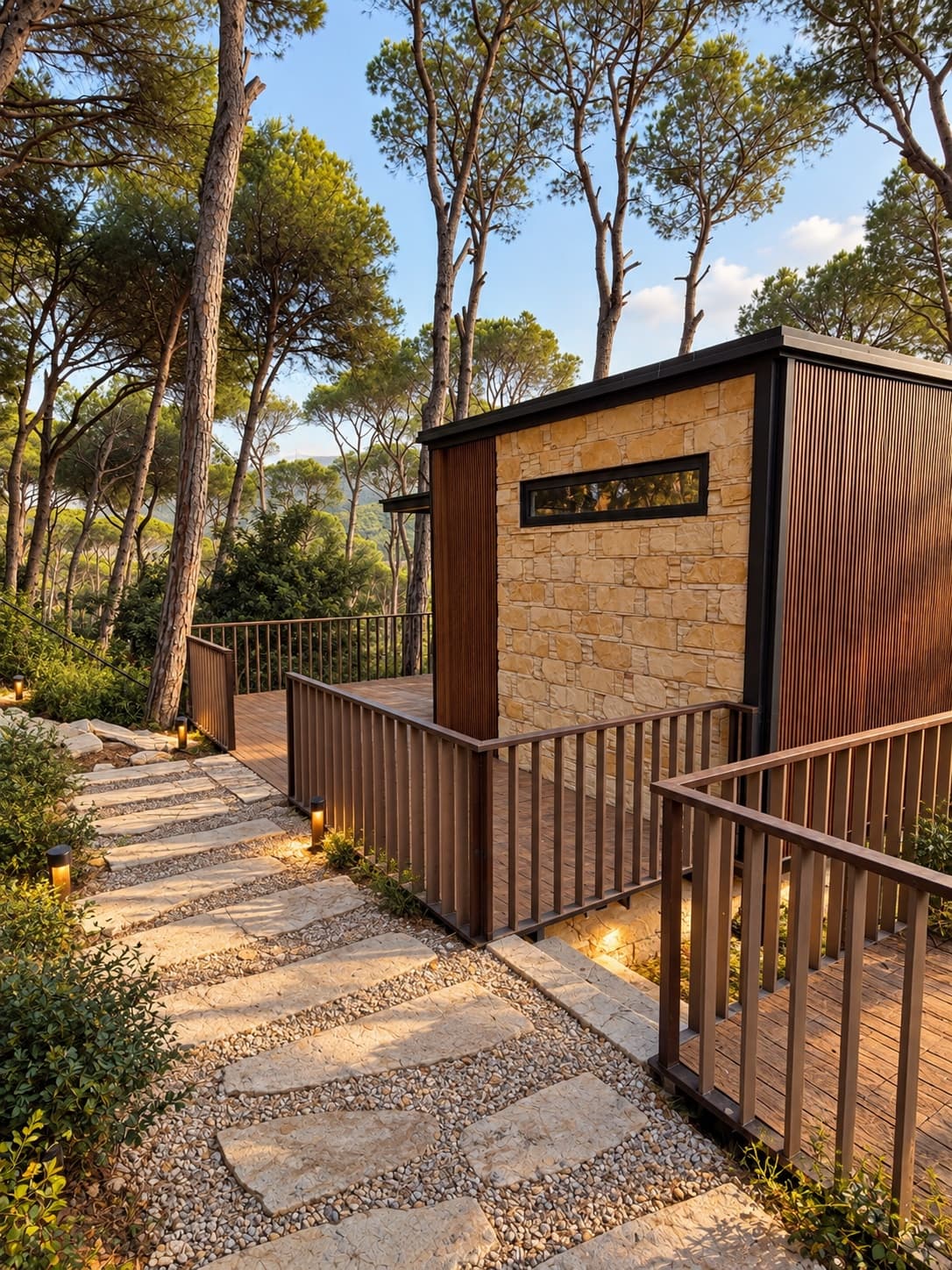 A lit stone stairway climbing through the old pines to a stone and timber bungalow