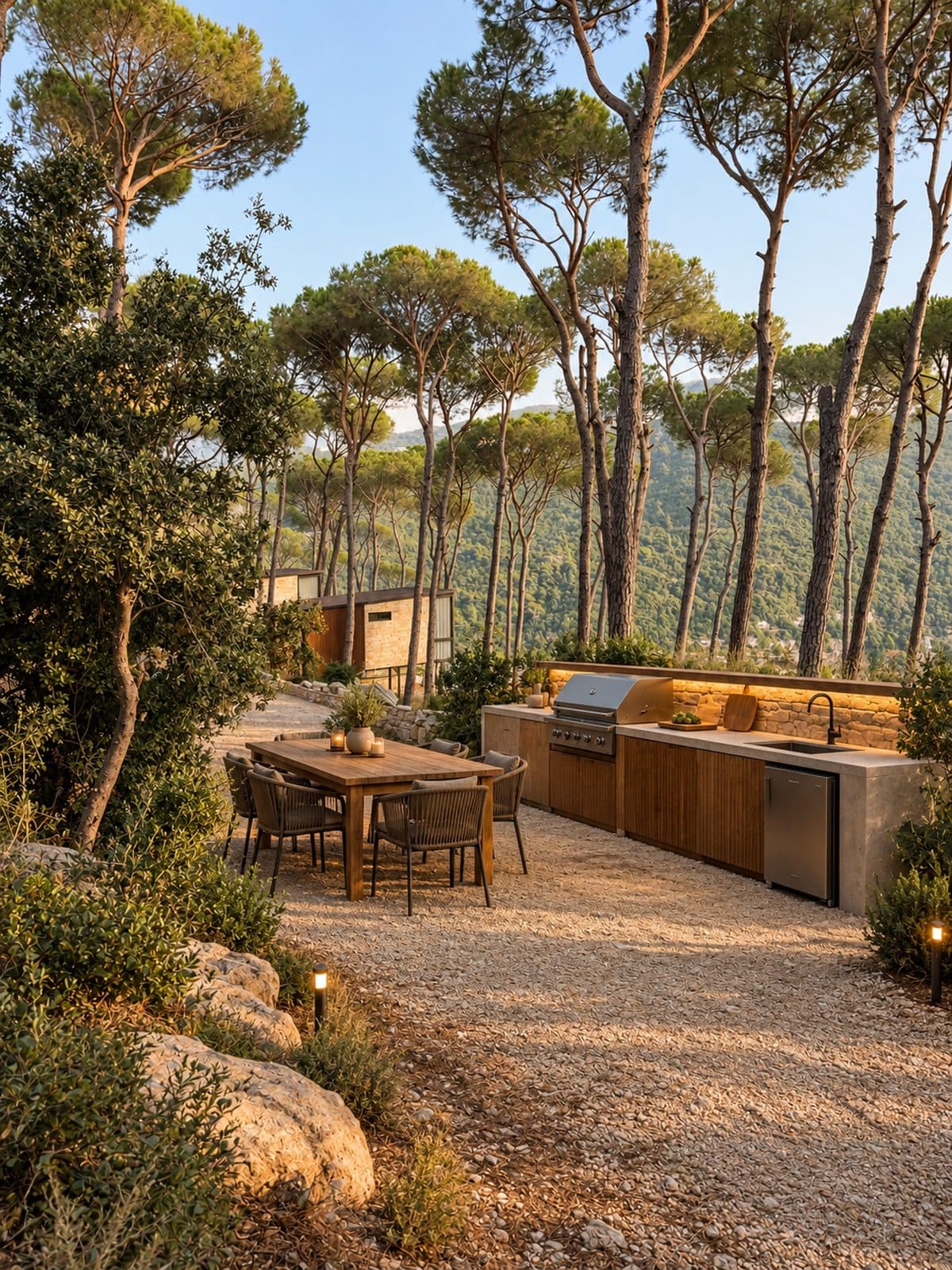 Outdoor kitchen and long dining table under pine trees at dusk