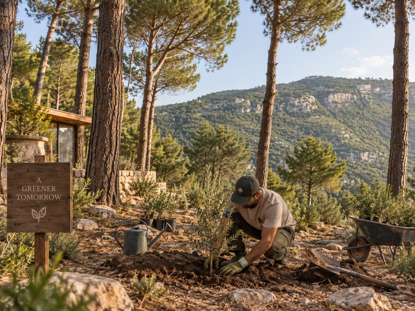 A gardener planting a young olive tree among the pines, beside a sign reading A Greener Tomorrow