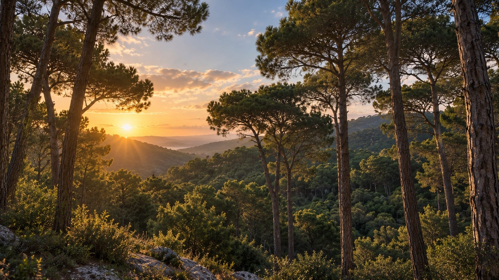 The sun setting over the pine-covered hills above Beit Mery, seen through tall umbrella pines