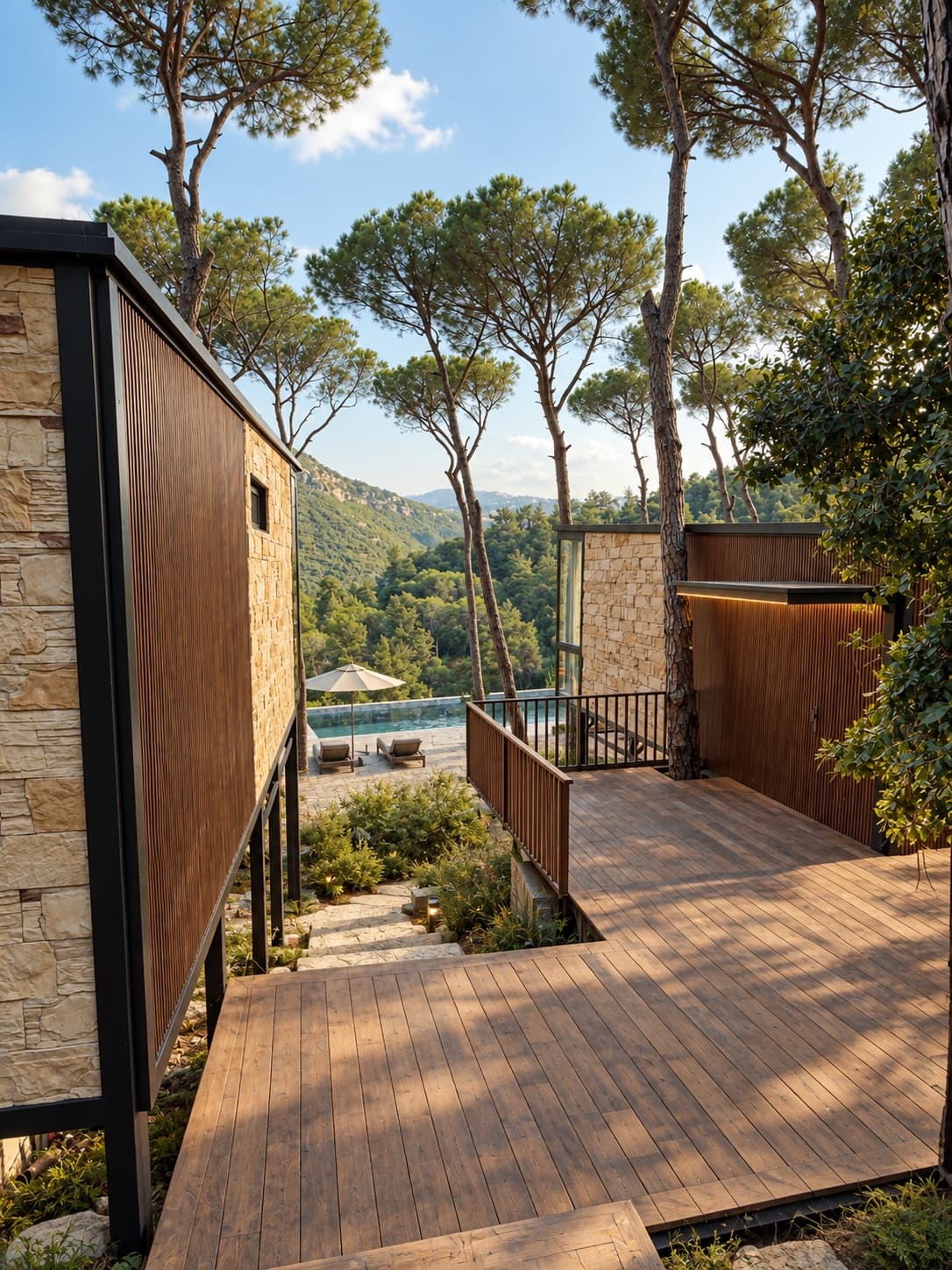 The view from a bungalow terrace with timber decking, pines, and the pool on the shelf below